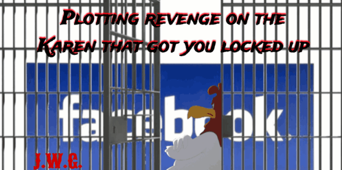 a cartoon of a chicken behind bars with the words plotting revenge on karen that got you locked up