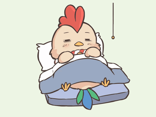 A Cartoon Of A Chicken Laying In A Bed With A Blue Blanket GIF