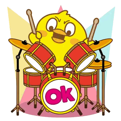 a cartoon of a chicken playing drums with the word ok on it