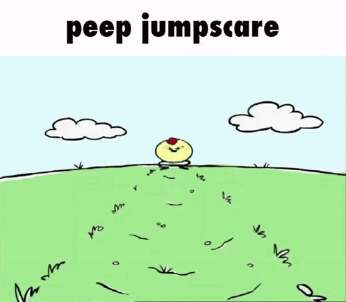 A Cartoon Of A Chicken With The Words Peep Jumpscare On The Bottom GIF