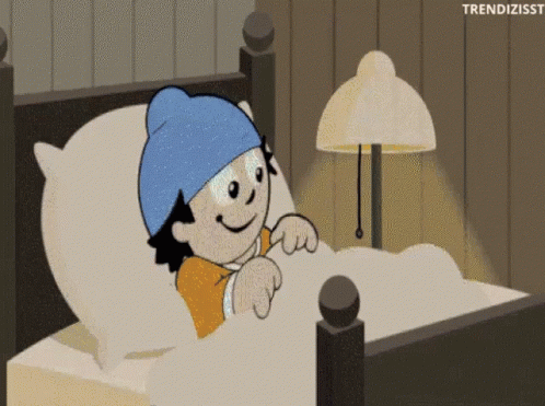 A Cartoon Of A Child Laying In Bed With A Blue Hat On His Head GIF