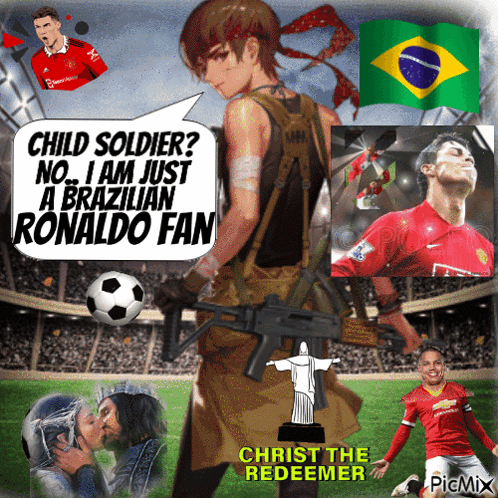 A Cartoon Of A Child Soldier Holding A Gun And A Soccer Ball With The Caption " Child Soldier " GIF