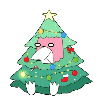 a cartoon of a christmas tree with a star on top and a bird holding an envelope