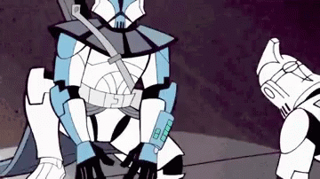 A Cartoon Of A Clone Trooper Kneeling Down Next To Another Clone Trooper In A Cave . GIF