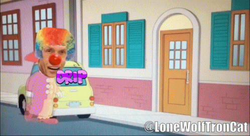 A Cartoon Of A Clown Driving A Car With The Word Drip On It GIF