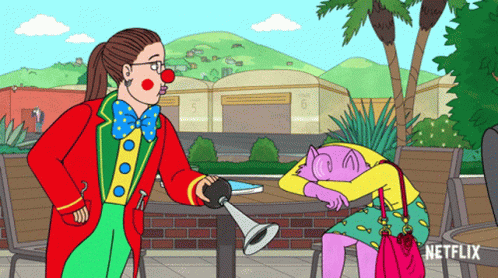 A Cartoon Of A Clown Holding A Trumpet Next To A Woman Sitting At A Table That Says Netflix GIF