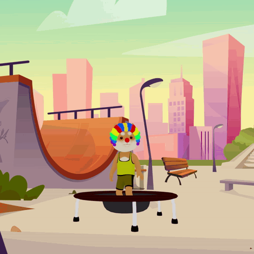 A Cartoon Of A Clown On A Trampoline In A Park GIF
