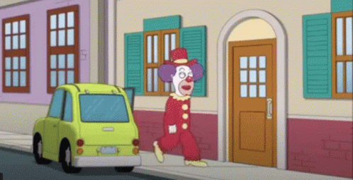 A Cartoon Of A Clown Walking Down A Street Next To A Yellow Car GIF