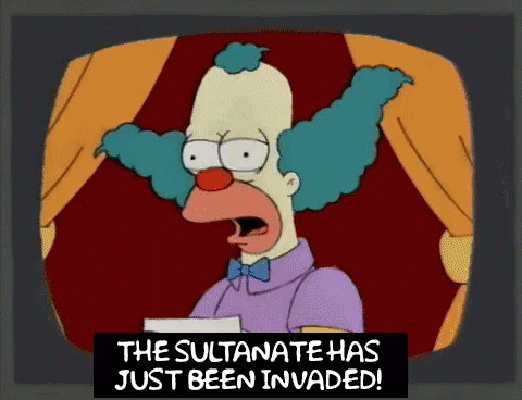 A Cartoon Of A Clown With The Words " The Sultanate Has Just Been Invaded " GIF