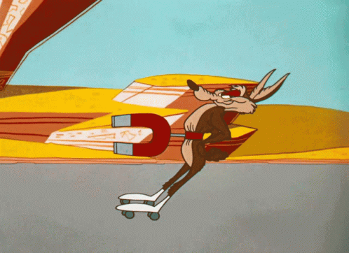 a cartoon of a coyote riding a skateboard with a magnet in the background