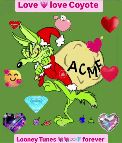 a cartoon of a coyote wearing a santa hat carrying a bag that says acme