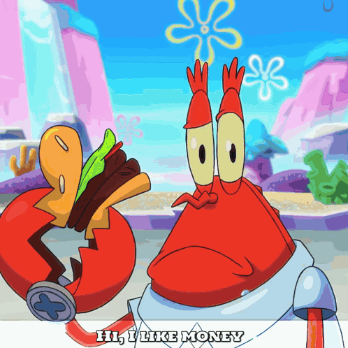 A Cartoon Of A Crab Eating A Hamburger With The Words " I Like Money " Below It GIF