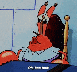 A Cartoon Of A Crab Sitting In A Chair Saying " Oh Boo-Hoo " GIF