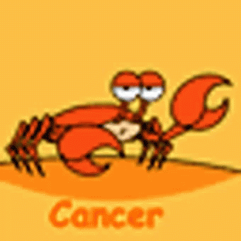 A Cartoon Of A Crab With Big Eyes And The Word Cancer On A Yellow Background GIF