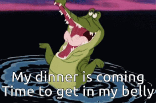 A Cartoon Of A Crocodile With Its Mouth Open And The Words My Dinner Is Coming Time To Get In My Belly GIF