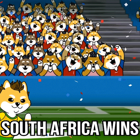 a cartoon of a crowd of dogs with the words south africa wins