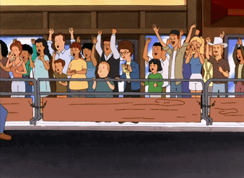 A Cartoon Of A Crowd Of People Standing Behind A Fence GIF