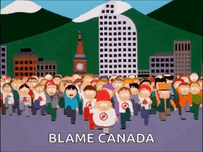 A Cartoon Of A Crowd Of People With The Words Blame Canada GIF