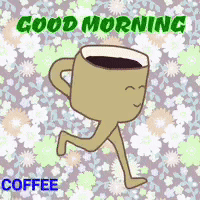 A Cartoon Of A Cup Of Coffee Running With The Words Good Morning Coffee Written Below It GIF
