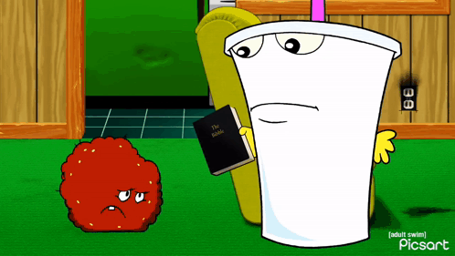 Cartoon Cup Reading Bible Next To Red Object GIF