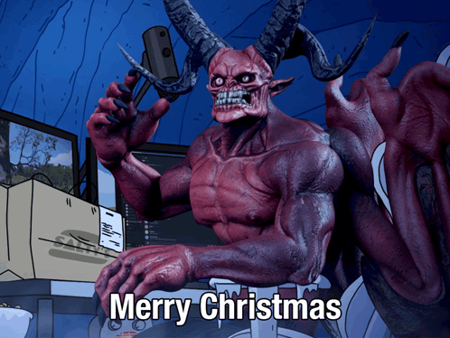 a cartoon of a demon holding a pair of scissors with the words merry christmas below him