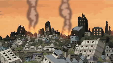 A Cartoon Of A Destroyed City With Smoke Coming Out Of The Sky GIF