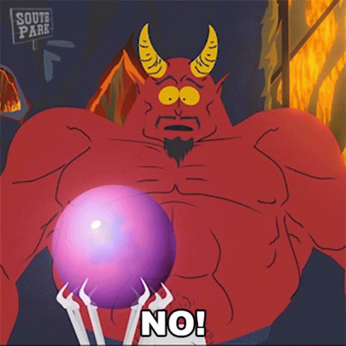 a cartoon of a devil holding a purple ball with the word no on it