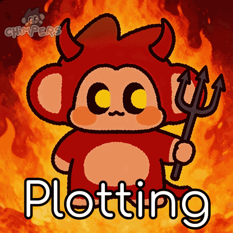 a cartoon of a devil holding a trident with the word plotting below him