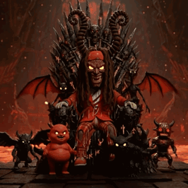 a cartoon of a devil sitting on a throne surrounded by devils