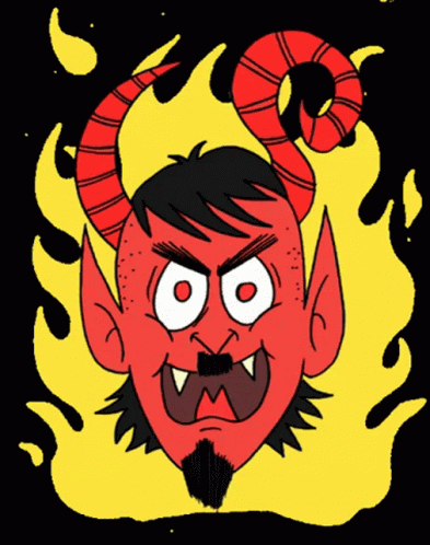 A Cartoon Of A Devil With Horns And Fangs GIF