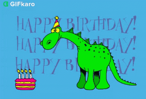 A Cartoon Of A Dinosaur Blowing Out A Birthday Cake GIF