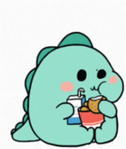 A Cartoon Of A Dinosaur Drinking Milk And Eating Chicken . GIF