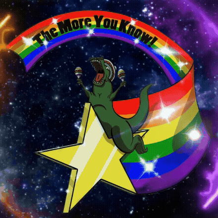 A Cartoon Of A Dinosaur Holding Maracas Under A Rainbow That Says " The More You Know " GIF