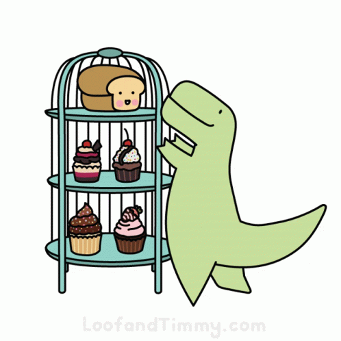 A Cartoon Of A Dinosaur Looking At Cupcakes And Bread GIF