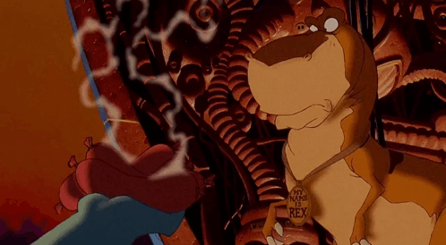 A Cartoon Of A Dinosaur With A Tag That Says My Name Is Rex GIF