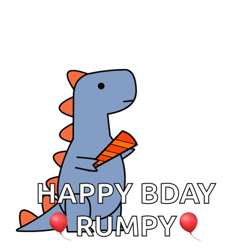 A Cartoon Of A Dinosaur With The Words Happy Bday Rumpy Written Below It GIF