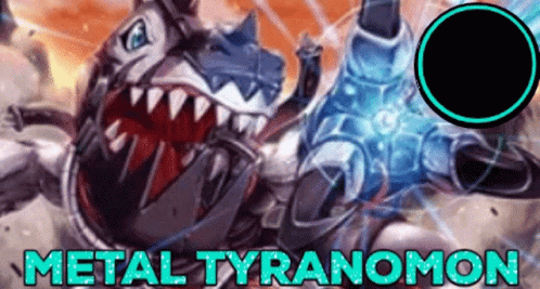 A Cartoon Of A Dinosaur With The Words Metal Tyranom On The Bottom . GIF