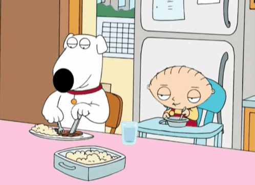 A Cartoon Of A Dog And A Baby Sitting At A Table Eating GIF