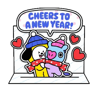 a cartoon of a dog and a bear hugging with a speech bubble that says cheers to a new year