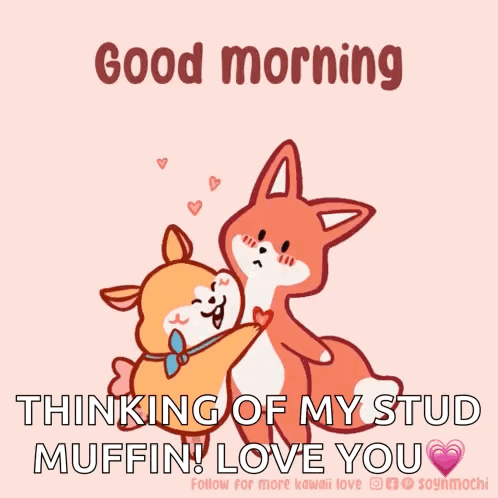 a cartoon of a dog and a fox hugging with the words " good morning thinking of my stud muffin ! love you "