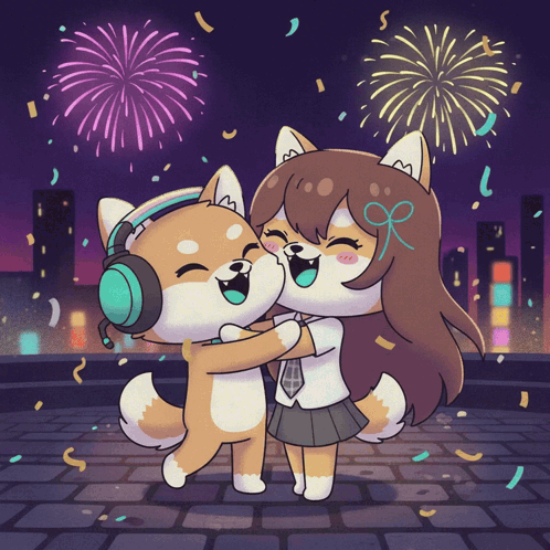A Cartoon Of A Dog And A Girl Hugging Each Other With Fireworks In The Background GIF
