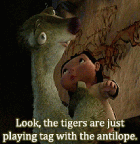 A Cartoon Of A Dog And A Little Girl With A Caption That Says Look The Tigers Are Just Playing Tag With The Antilope GIF