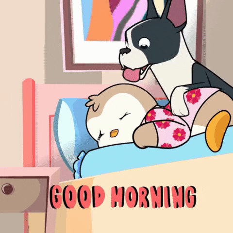 A Cartoon Of A Dog And A Squirrel Laying On A Bed With The Words " Good Morning " On The Bottom GIF