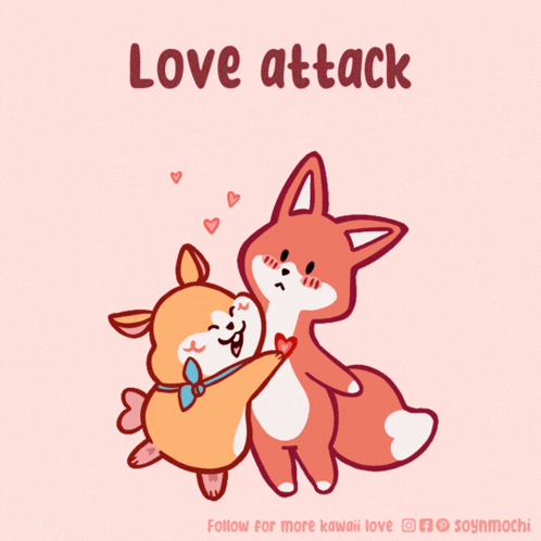 A Cartoon Of A Dog And Fox Hugging With The Words Love Attack Below Them GIF
