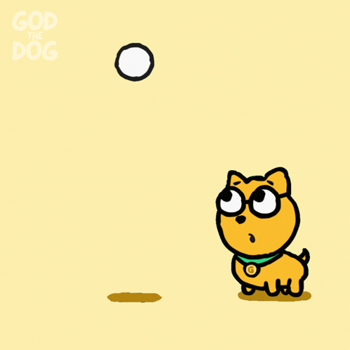 a cartoon of a dog catching a ball with the words god the dog below
