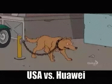 A Cartoon Of A Dog Chained To A Pole With The Words Usa Vs. Huawei Below It GIF