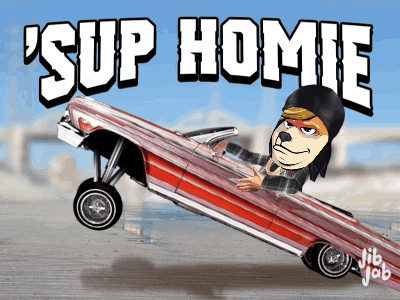 A Cartoon Of A Dog Driving A Lowrider Car With The Words ' Sup Homie ' Written Above It GIF
