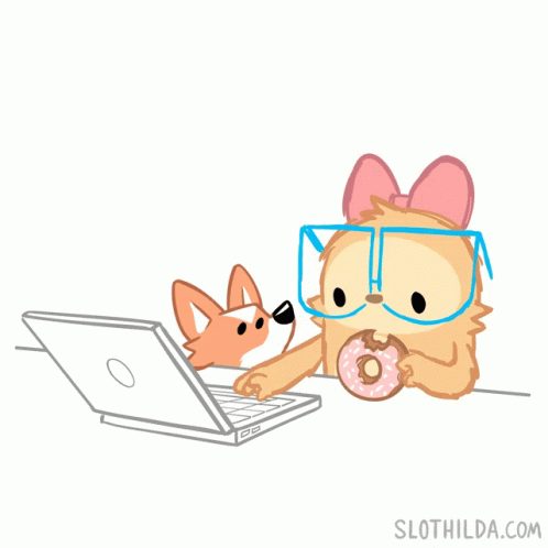 A Cartoon Of A Dog Eating A Donut Next To A Laptop With Slothilda.com Written Below It GIF