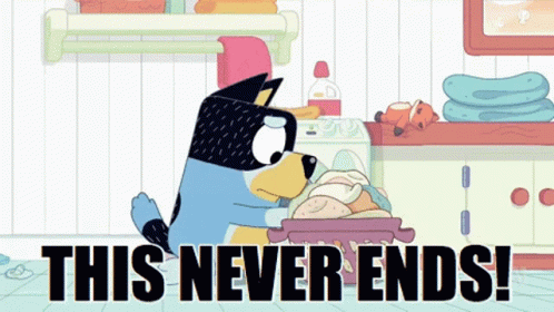 A Cartoon Of A Dog Holding A Basket Of Food With The Words This Never Ends GIF