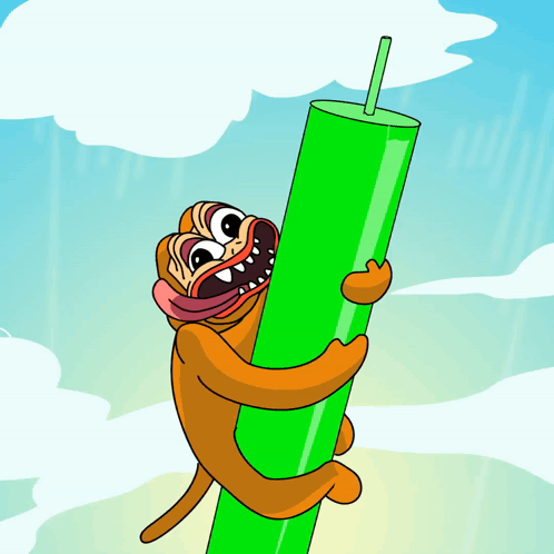 A Cartoon Of A Dog Holding A Green Tube With A Green Straw GIF